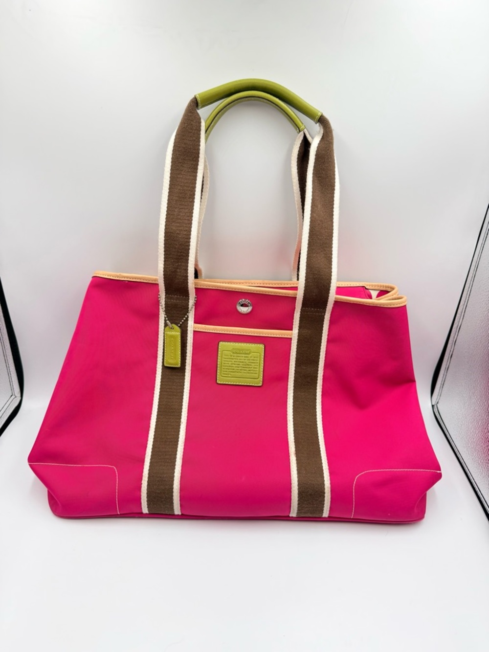 Vintage Coach Hampton Pink Nylon Tote Bag Y2K Green Trim